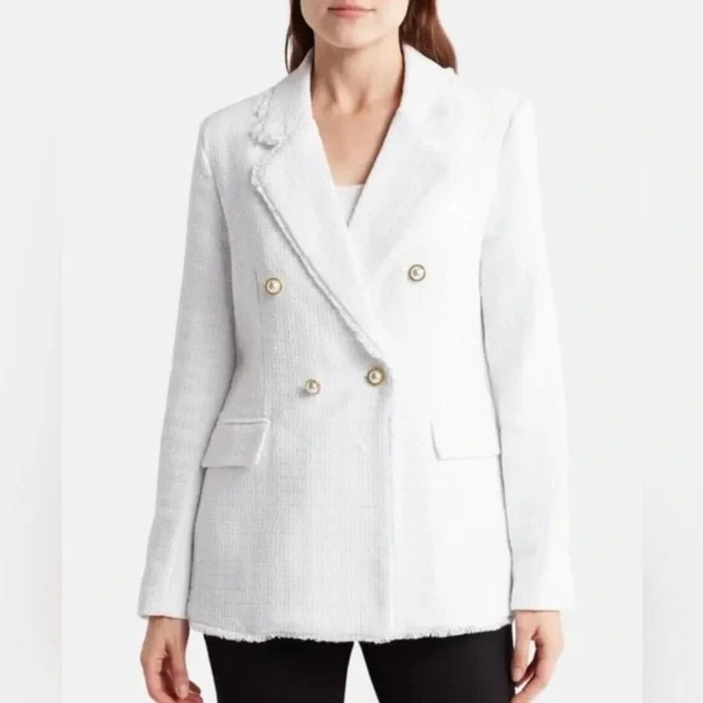 Nanette Lepore White Double Breasted Tweed Blazer Gold Buttons Fringed Trim NEW